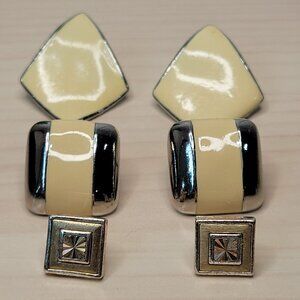 3 Pairs of Silver Beige Chunky 80s Stud Earrings: Wavy Diamond, Striped & Square